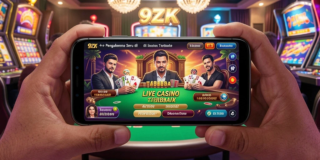 Screenshot 9ZK menampilkan meja Live Casino dengan dealer profesional dan pemain aktif.
