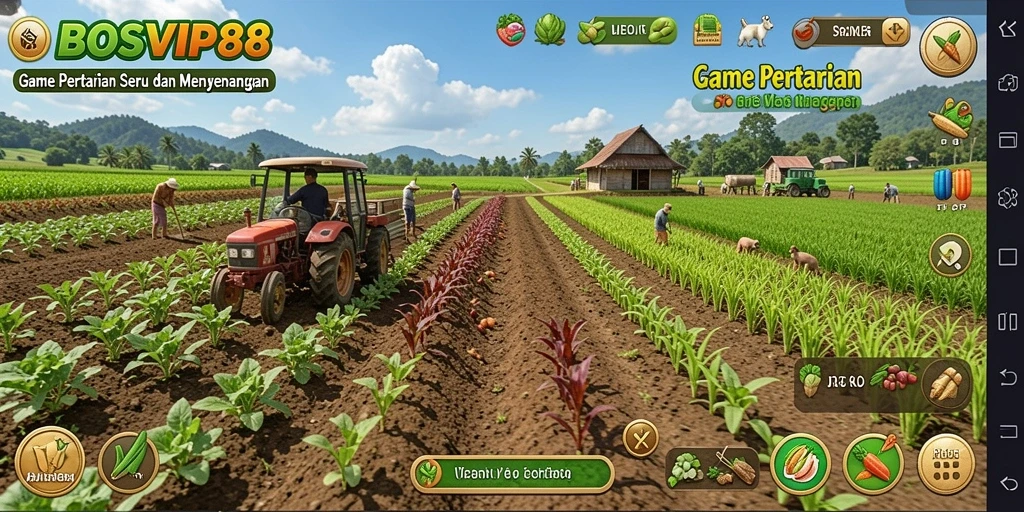 Screenshot gameplay BOSVIP88 menampilkan aktivitas bertani yang seru dan interaktif.