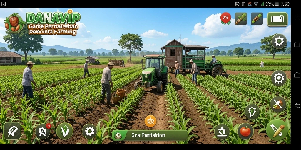 Screenshot gameplay menampilkan suasana pertanian yang menyenangkan dan interaksi dengan hewan.